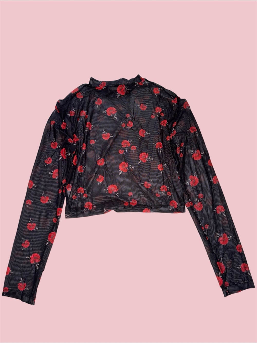 Avid Love Black Mesh Long Sleeve Crop Top with Red Floral Print - Picture 2 of 5